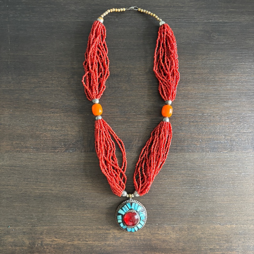 Vintage Red Coral Seed Beaded Multi Strand Bib Necklace Tribal Chalcedony